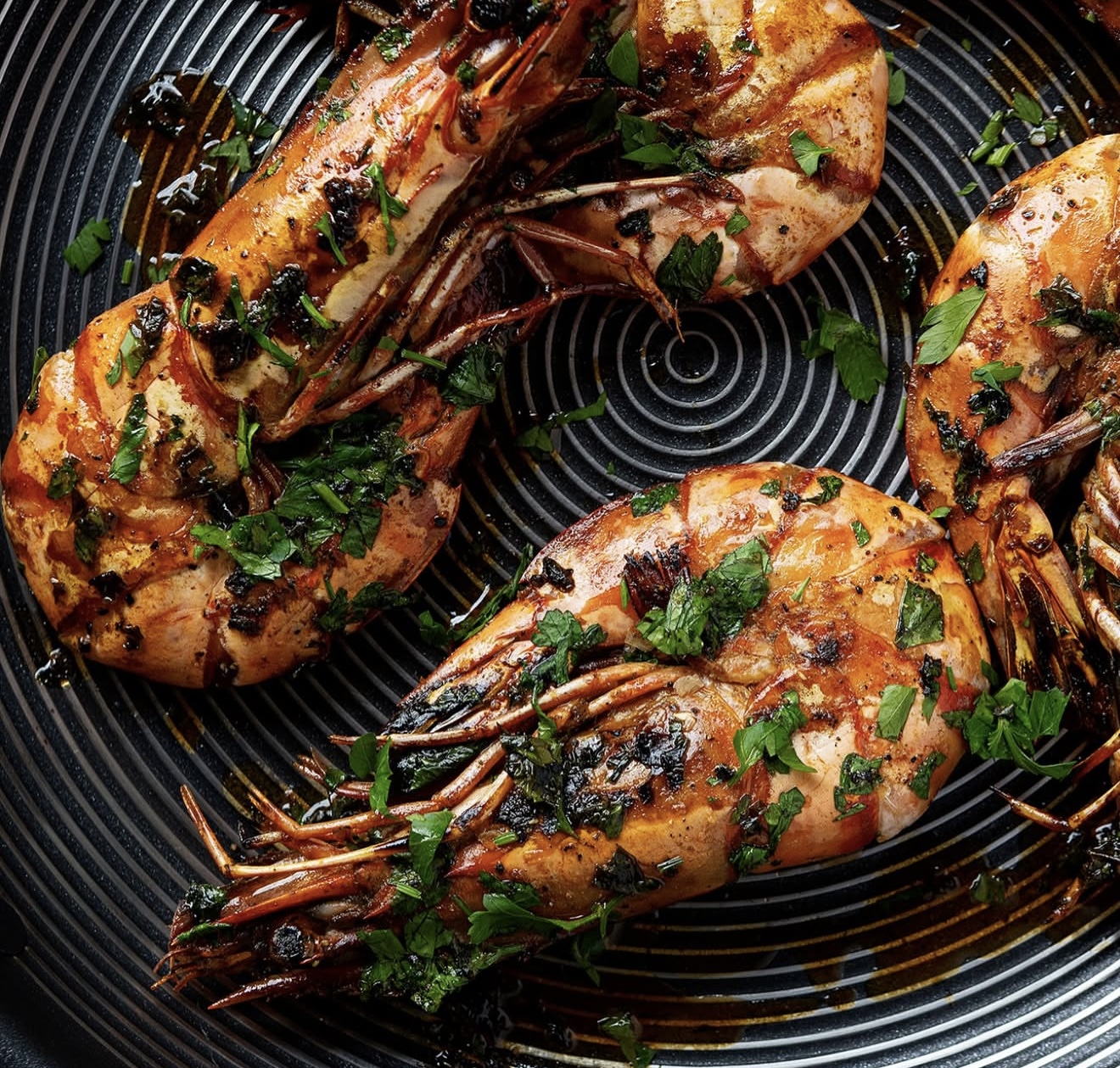 Charred Tiger Prawns — Herb gremolata, chili oil