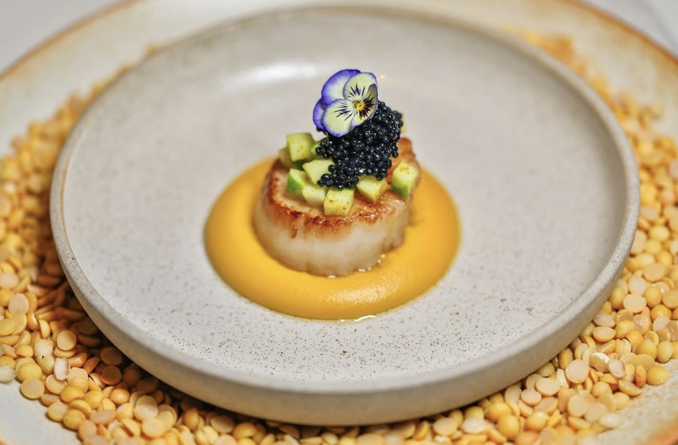 Seared Scallop & Caviar — Carrot emulsion, green apple, osetra