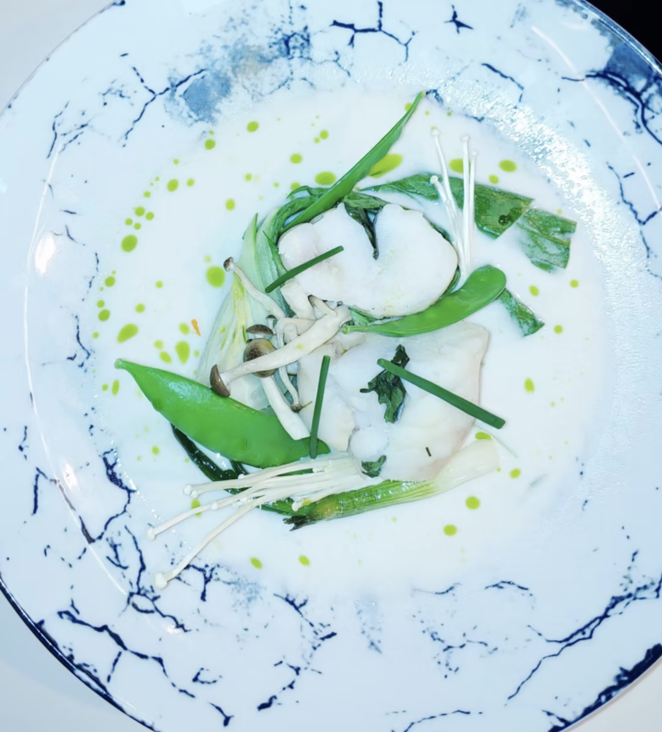 Poached Fish & Snap Peas — Blue plate, spring vegetables, citrus butter