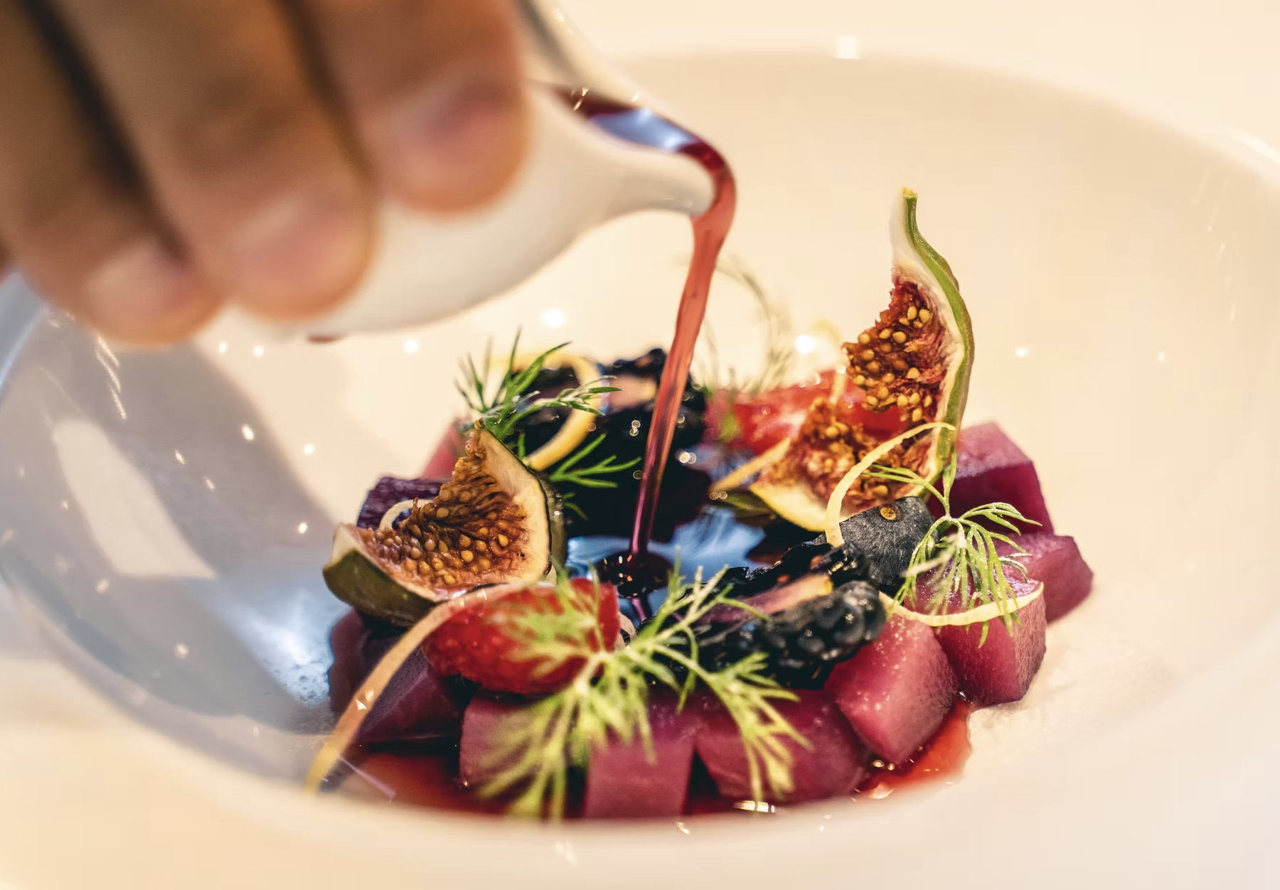 Watermelon & Beet Tartare — Charred fig pour, aged balsamic